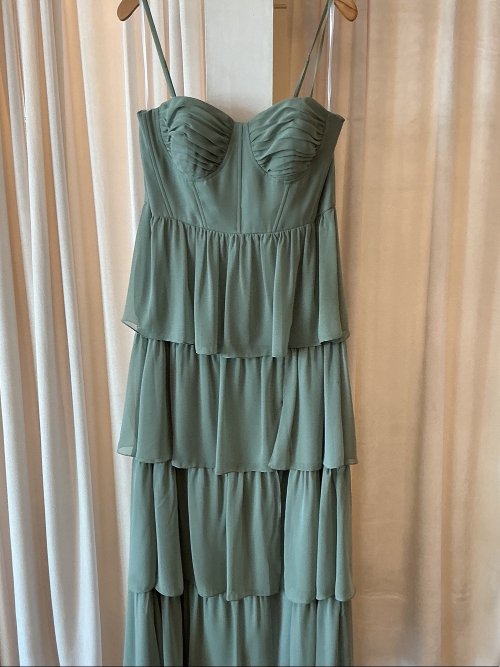 Dessy Collection Sage Green Tiered Maxi Dress with Corset Top